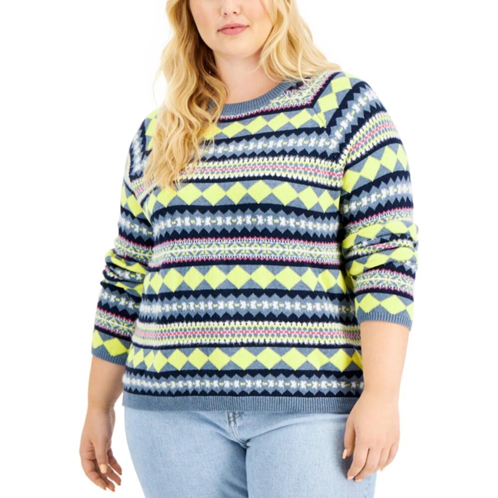 Style & Co Women yellow and blue/gray argyle pattern Sweater Womens Sz 2X NWT